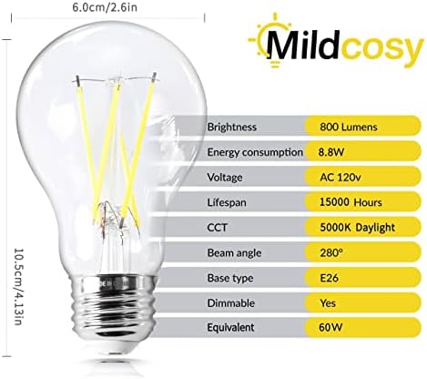 Led A19 с регулируема яркост, еквивалент на 60 W, Дневна бяла светлина 5000 К, Цокъл E26, 8,8 W 800 лумена 120 В, срок на служба на 13 години, Сертифицирани от UL и FCC, Без трептене, 6 бр.