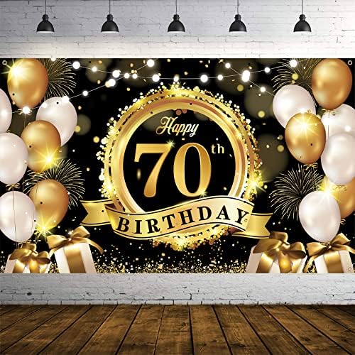 От 70-ти Рожден Ден Декоративен Фон Банер на Черното Злато е Много Голяма Кърпа Знак на рождения Ден на Плакат Фон За Снимки на 70-Годишен Рожден Ден Украси За Партита На закрито, на открито, 72,8 x 43,3 инча