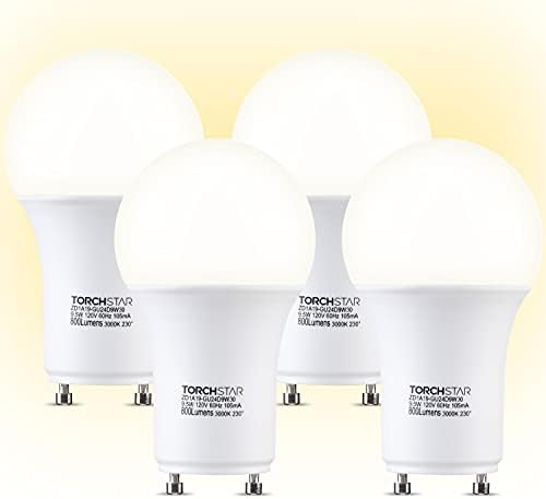 Led лампа TORCHSTAR с регулируема яркост GU24, 3000 K, warm white, 9,5 W (еквивалент на 60 Вата), под формата на A19 за вентилатори, основна лампа GU24 с превръщането ключ за подмяна на КФЛ е в списъка на UL & ES, опаковки