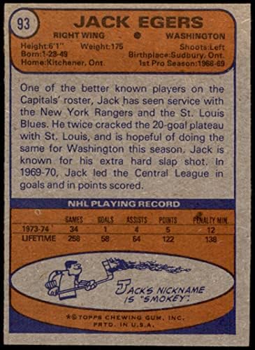 1974 Topps # 93 Джак Эгерс Вашингтон Кепитълс-Хокей на лед (Хокей на карта) в Ню Йорк Кепитълс-Хокей на лед