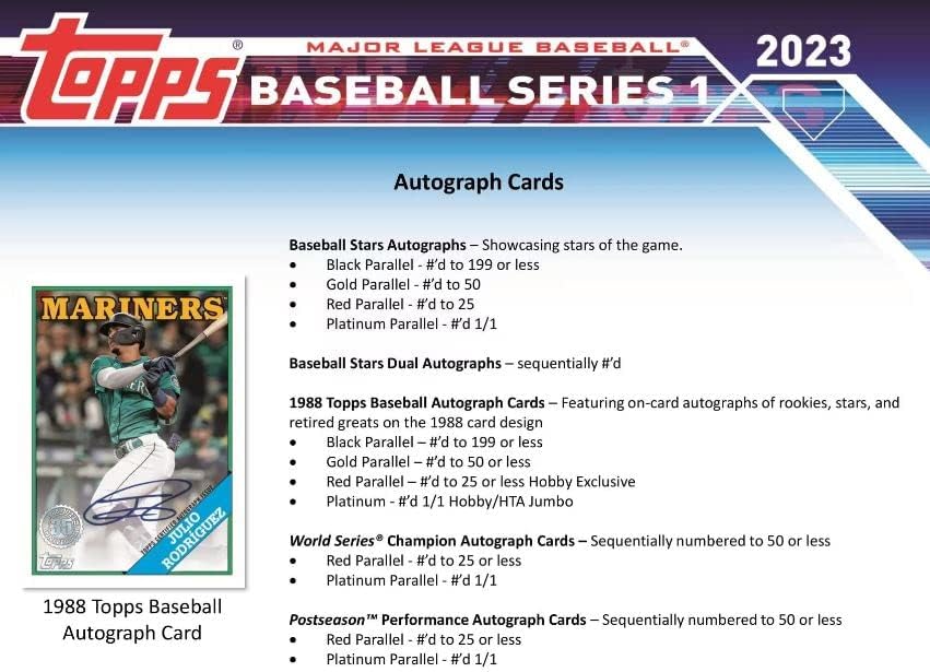 НАПЪЛНО НОВА бейзболна кутия за хоби Topps серия 1 2023, запечатанная фабрика (336 карти) - ЕДИН АВТОГРАФ или БЕЛЕЖКА. Карта в кутия - Шанс за картички с автограф от начинаещ