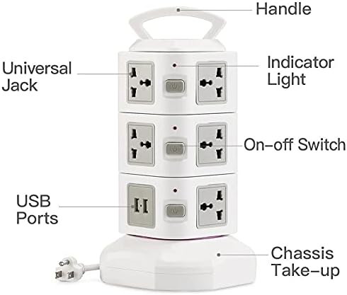 Мрежов филтър HJKOGH Tower Power Strip Оттичане, с множество контакти, ключове Универсални изводи За свързване 2 USB Удлинительный кабел с дължина 300 см (Цвят: штепсельная щепсел САЩ)