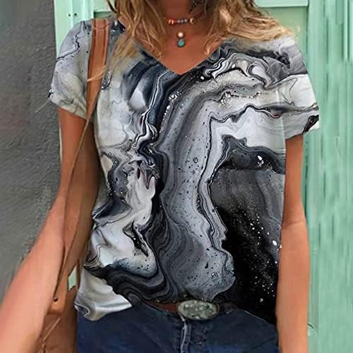 Блузи с Мраморен Дизайн за Момичета, Блузи с V-образно деколте, Тениски за Жени, Върхове за Почивка с Къс Ръкав, Лято-Есен, Дрехи 2023