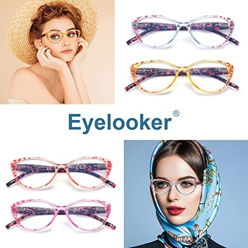 Очила за четене, Блокиране на Синята светлина, за жени, 4 опаковки, Стилни очила Котешко око, Модерен Леки Очила, Дизайнерски Дамски Очила за четене, Защита от напрежение за очите/Отблясъци/UV + 2.00