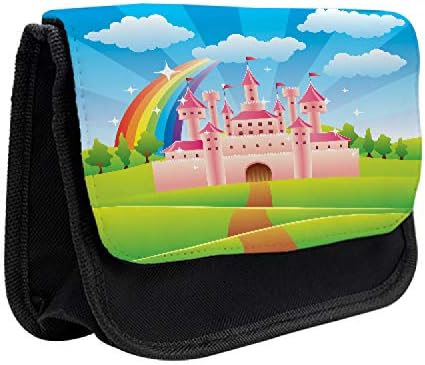 Foldout Женски молив случай, Castle Rainbow, Тъканно Чанта за Моливи с двоен цип, 8,5 x 5,5, Зелено-розово и Синьо