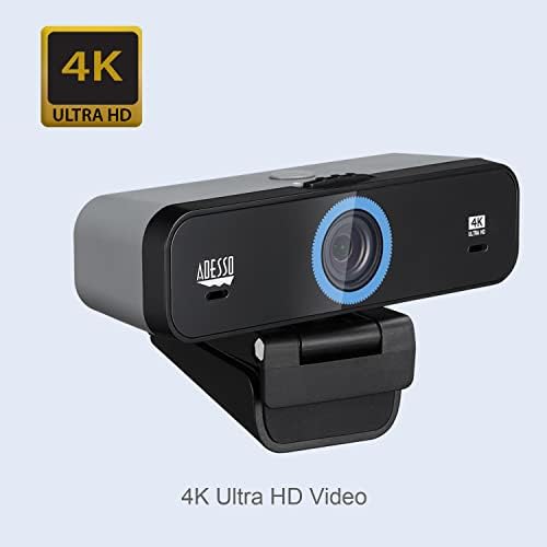 Уеб камера Adesso CyberTrack K4 4K Ultra HD с фиксиран фокус USB с Регулируем ъгъл на видимост, вградени два микрофона, ключ аудио/видео поверителност и монтиране на статив