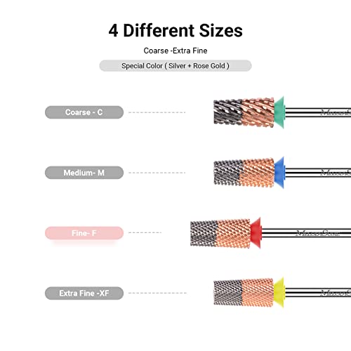 MelodySusie Заострени Цилиндрични тренировки за нокти, Видий Волфрам бита 3/32 , Подходящи за маникюр, Педикюр, Полиране Гел за Кожичките, Технически Бита, Сребро и розово злато, Серия Bit-S, Extra Fine