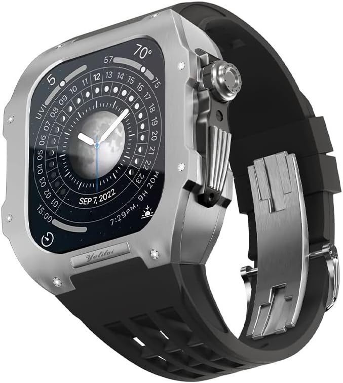 Комплект модификация часа BHOLSA за Apple Watch 8 7, титанов корпус 45 мм + каишка Viton, луксозен калъф и комплект за промяна на каишка за ръка