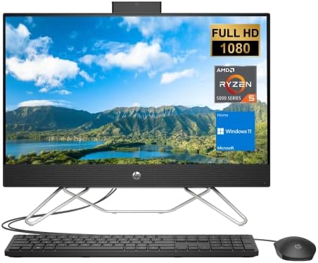 Настолен компютър HP All-in-One, 23,8 FHD екран, процесор AMD Ryzen 5 5500U, 16 GB оперативна памет, 512 GB твърдотелно устройство за съхранение на PCIe, Уеб камера, HDMI, RJ-45, Wi-Fi, Жични клавиатура и мишка, Windows