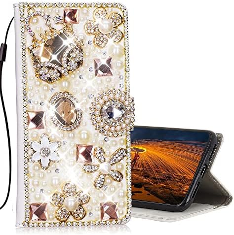Чанта-портфейл с пайети за телефон, съвместим с OnePlus 8T / OnePlus 8T Plus 5G 2020, чанта серия AS-Zeke 3D Ръчно изработени от камък цвете с цветен модел от планински кристал, дизайнерски калъф във формата на миди,