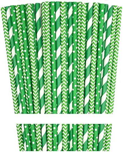 Зелени и бели Хартиени сламки - Шеврон в ивицата Полка точки - Подарък за рожден Ден, Коледа, Деня на Св. Патрик - 100 Опаковки оригиналната хартия