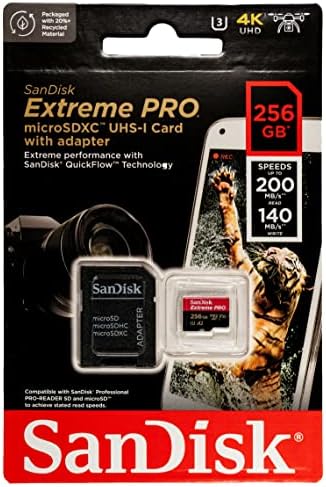 Карта памет SanDisk Extreme Pro 256 GB microSD Работи с дронами DJI серия Mavic 3 Classic (SDSQXAV-256G-GN6MA) U3 V30 A2 4K UHD UHS-I в комплект с (1) за всички, с изключение на устройството за четене на карти памет