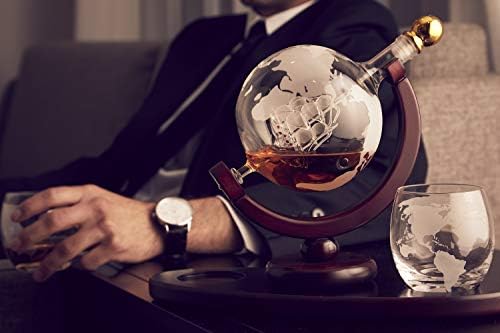 Набор от графинов за уиски Globe с 2 Бокалами за уиски с Надпис - за Алкохол Scotch Bourbon Vodka, Подаръци за мъже - 850 мл