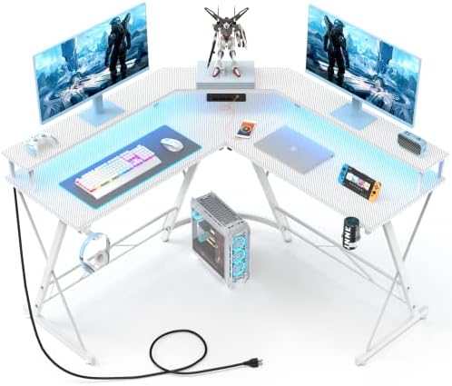 Игрална маса Mr. IRONSTONE White led подсветка ＆Електрически контакт, L-образен Компютърен Ъгъл маса с Подстаканником ＆ Кука за слушалки, Бюра за вашия офис, изработени от въ