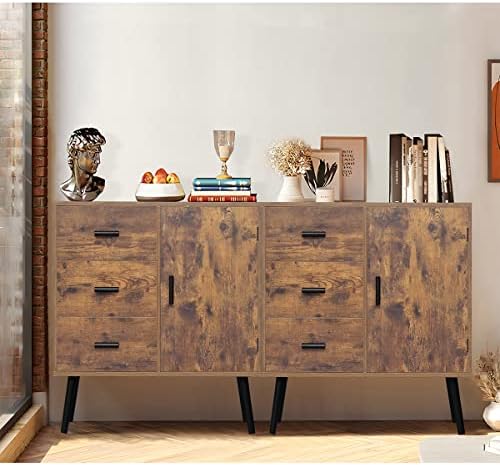 Шкаф за съхранение на Iwell с Като и 3 чекмеджета, Шкаф средата на века с Регулируем рафт, Шкаф за съхранение в хола, Спалнята, Домашния офис, Кафяво в селски стил