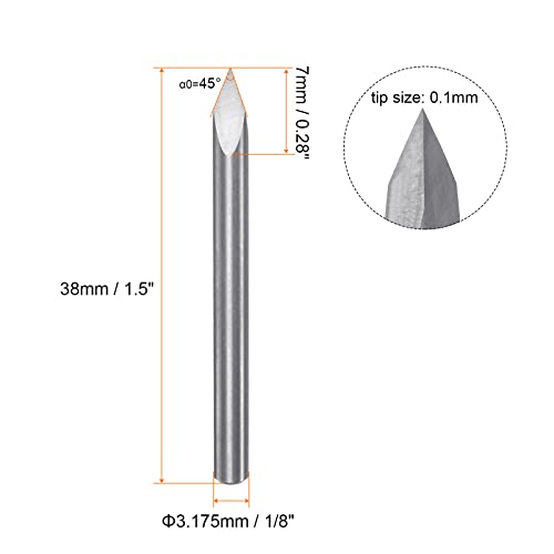 HARFINGTON Гравиране Фреза с ЦПУ 1/8 3,175 mm Опашка 0.1 mm Накрайник 45 Градуса Твърдосплавен 3 Канали с Пластмасова Кутия за Дърво, Акрил, PVC, МДФ, Пластмаса