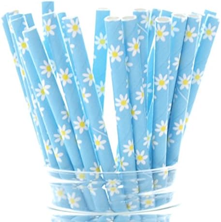 Цвете Сламки със Сини маргаритками (25 опаковки) - Летните Аксесоари за партита с цветя Маргаритки, Синя Декорация от Сватбена Сламки