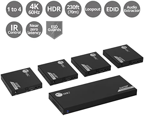 HDMI-сплитер SIIG 1x4 дървен материал върху удължител Cat6 с петлевым изход, IR, ARC и RS-232, 4K, HDMI-ивица, разширяването на КАТ. до 230 метра (70 м), 4K60Hz с HDR, автоматично извличане, EDID (CE-H27A11-S1)
