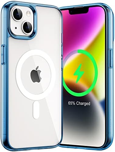 Магнитен калъф JETech за iPhone 14 Плюс 6,7 инча, който е съвместим с безжична зареждане MagSafe, устойчив на удари калъф-броня за телефон, Прозрачно задната част на кутията със защита от надраскване (тъмно синьо)