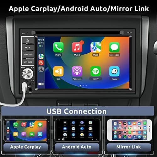 Автомобилна стерео система на двоен Din със CD/DVD-плеър, поддръжка на Apple Carplay Android Auto, Автомагнитола с 6,2 инчов сензорен екран с Bluetooth и камера гръб, огледална връзка, еквалайзер на звука, Bluetooth-разговор/музика,