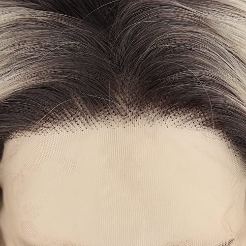 Pinkshow Пепеляво-блондинистый перука на дантели с черен корен, наполовина навързани ръчно, синтетичен заместител на коса, естествена дълги вълнообразни перука за дневна партита