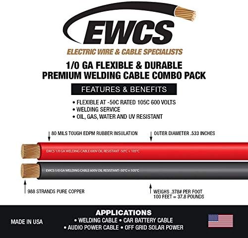 Заваряване кабел премиум-клас EWCS 1/0 калибър Черен + Червен Комбиниран комплект - 20 фута всеки - Произведено в САЩ