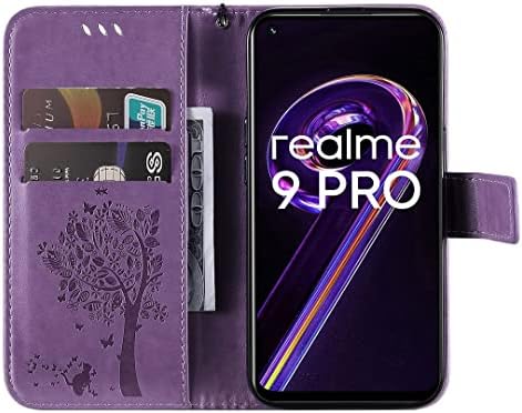 Калъф SATURCASE за Realme 9 Pro, от изкуствена кожа с Релефно под формата на Котешки Дърво, Спускащите се Портфейла на Магнит, Поставка за карти, Защитен калъф с каишка за ръка за Realme 9 Pro (Лавандула)