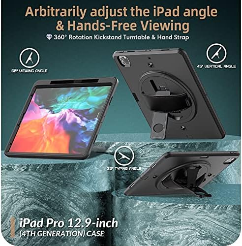 Защитен калъф за iPad Pro 12.9 2018/2020, Три в едно, Сверхпрочный, Удароустойчив, Здрав, с въртяща се поставка, пагон, PC + Мултифункционален Силиконов защитен калъф (Цвят: черен)