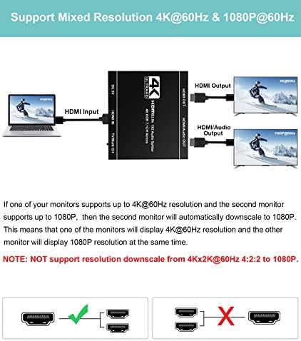 avedio свързва 4K @ 60Hz HDMI-сплитер 1 в 2 изхода, 4K, HDMI-сплитер за два монитора, само дубликат / огледален екран, адаптер HDMI-сплитер 1x2 Поддържа аудио изход, HDMI, 3D, HDCP2.3, HDR, EDID за Xbox PS5