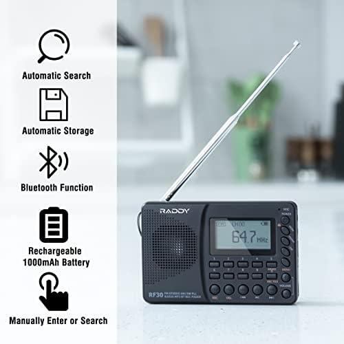 Raddy RF30 Преносимо Цифрово радио-AM/FM/SW, Цифров Тунер, Перезаряжаемое къси вълни радио, Поддръжка на Bluetooth, Micro SD карти и AUX запис