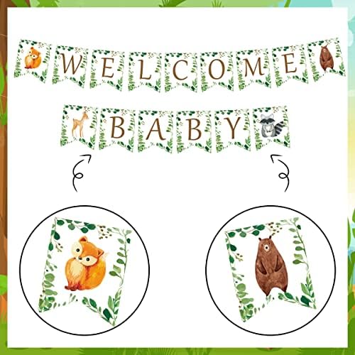 Банер Woodland Welcome Baby - Венец с участието на горски животни, гирлянда, с овсянками за декорация на детската душа в гората, неутрални по отношение на пола