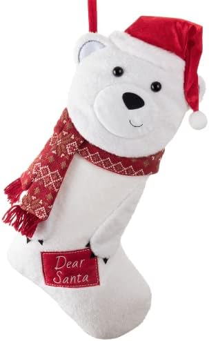 Коледни Чорапи Severin Madelyn с бяла Полярна Мечка с дължина 21 Инча с декорации във формата на Червена Шапка, Голям Весел 3D Отглеждане на домашни животни, Персонални Висящи Украшения, Вязаная Изтощение и маншет от