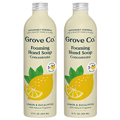 Grove Ко. Хидратиращ пенящееся сапун за ръце (2 x 12 унции) Овлажняващ крем за измиване на ръцете, без пластмаса и парабени, без насилие, със натурален аромат на лимон и ев