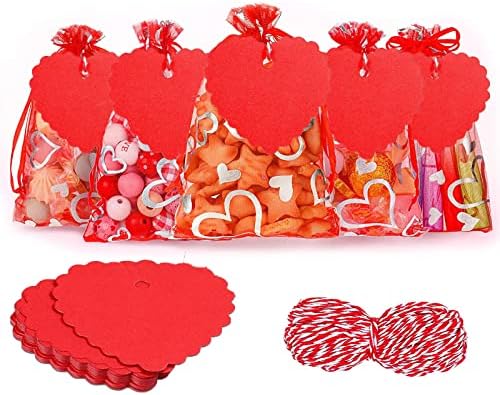 Ausejopeac 50 Броя Мешочков с шоколадови бонбони във формата на Сърца на Св. Валентин, Пликове за бижута от Органза Любов и 50 Броя Етикети от крафт-хартия за Свети Валенти?