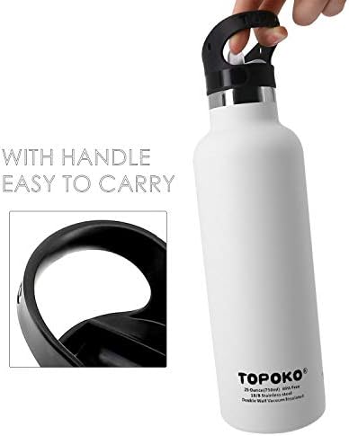Бутилка за вода TOPOKO с двойни стени от неръждаема стомана, 25 грама, слама капак с дръжка, вакуумна изолация, защита от пот, запечатани пътна чаша, спортна бутилка, запазва топло или студено до 24 часа. (Бял)