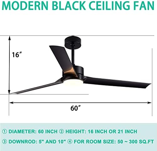 Вентилатор на тавана ANFERSONLIGHT с 3 остриета за помещения с led подсветка, 60-инчов вентилатор с дистанционно управление, реверсивным тихо двигател за постоянен ток и матово Черно за спалня/Дневна/Трапезария 60-Инчов