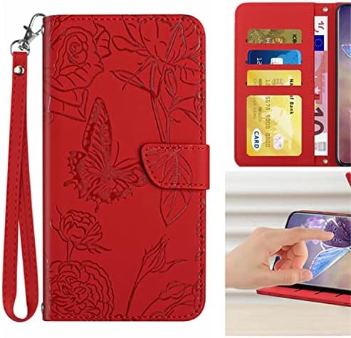 Чанта-портфейл XYX за Samsung S21 Plus с Отпечатан във формата на пеперуда и Цвете, Защитен Калъф от Изкуствена кожа с панти капак и каишка за китката, Поставка за Galaxy S21 Plus 5G, Червен