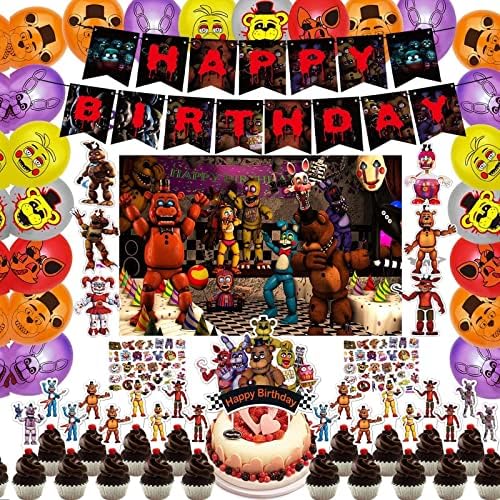 108 бр. Комплект вечерни доставки Five Nights At Фреди - Включва Банер честит Рожден Ден, Topper за торта, Фон, Окачени къдрите, Топперы за кифли, балони и стикери за декорация на детски Рожден Ден