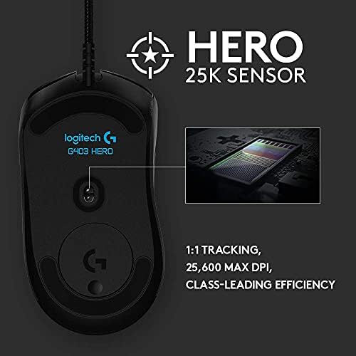 Детска мишка Logitech G403 Hero 25 ХИЛ., Lightsync RGB, тегло 87 Гр + 10 Г, кабел оплетке, 25 600 dpi, Гумени странични дръжки (обновена)