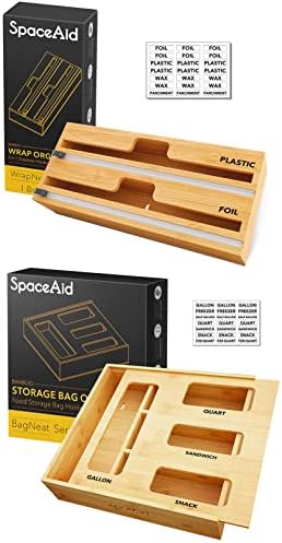 Диспенсер за опаковане на SpaceAid WrapNeat 2 в 1 с Нож и Етикети, Органайзер за съхранение на пакети SpaceAid в Кухненски шкаф, (1 Кутия с 4 отделения)