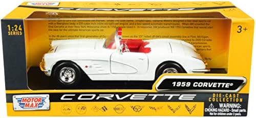 Motormax Играчка 1959 Chevy Corvette C1 с мек покрив Бял цвят, с червен интериор Историята на Corvette Series 1/24 Монолитен под натиска на модел на превозното средство Motormax 73216