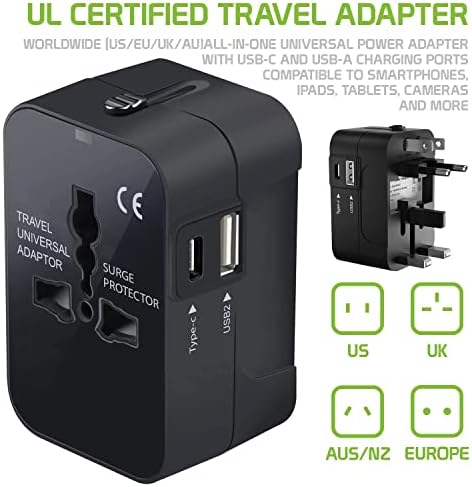 Международен захранващ адаптер USB Travel Plus, който е съвместим с Lava Iris 300 Style за захранване на 3 устройства по целия свят USB TypeC, USB-A за пътуване между САЩ /ЕС /AUS/NZ/UK /КН (черен)