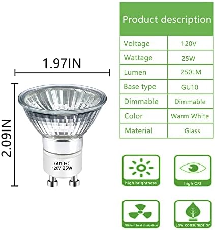 AHEVO GU10 120V 25W Халогенна лампа MR16 Със Стъклен капак GU10 + c Лампа 2700k Топло Бяла на цвят, с регулируема яркост, работа на смени крушка с мощност 25 Вата за Восъчни горелки, тръби за подгряване свещи, Ароматни