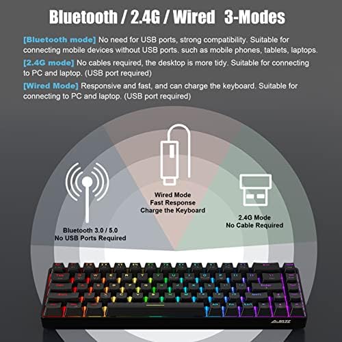 Безжична ръчна клавиатура Ajazz K685T на 60%, Многорежимная Bluetooth/2.4 G /Жичен, RGB осветление, N-Key с превключване на 68 клавиши, разменени ключ, съвместима с интернет връзката с няколко устройства (черен, син