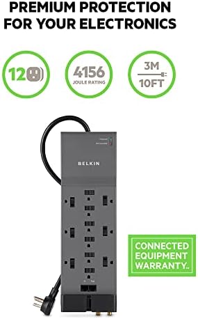 Мрежов филтър Belkin Power Strip с 12 множество контакти, ключове ac, 10 фута (4156 Джоулей) и мрежов филтър Power Strip - 12 на няколко контакти променлив ток и 8-крак плосък щекер повишена мощност (3940 Джоулей)