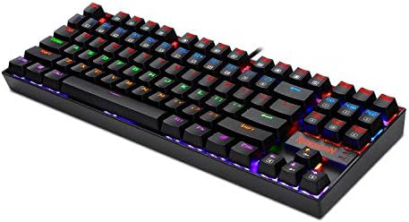 Ръчна Детска клавиатура Redragon K552 с дъгова RGB подсветка, 87 клавиши, без клавиши, Компактна стоманена конструкция със сини стрелки за Windows PC Gamer (черен)