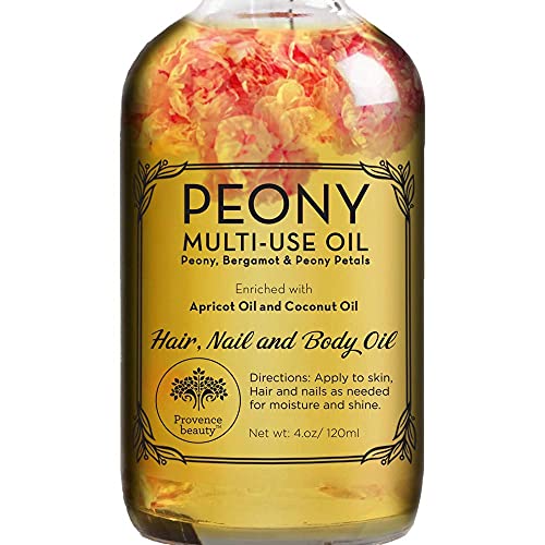 Универсално масло Provence Beauty Peony за лицето, тялото и косата - Органична смес от кайсии, витамин е и масло от сладък бадем Хидратиращ крем за суха кожа на главата и ноктите - Листенца от рози и етерично масло