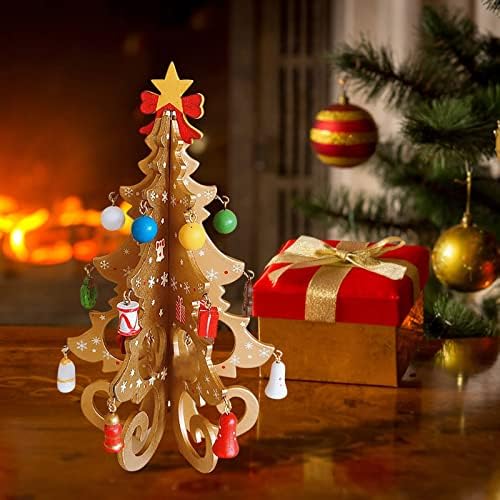 Дървена Коледно Дърво, Коледна Елха Декор на масата Забавни Настолни Коледни Декорации с мини-Дървени Орнаменти Елха Коледна декорация за коледните празници Коледна украса Елегантни (C, Един размер)