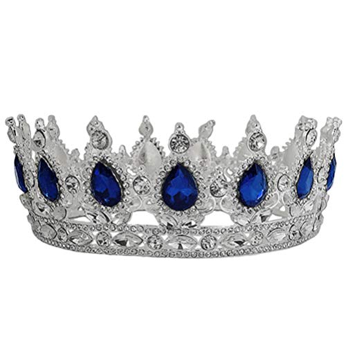 LEORX Пълни Кръгли Сватбени Crown Реколта Тиара на Кралицата от Благородна Кристал в стил Барок, Буйни Украса за Коса, за Жени (Син)