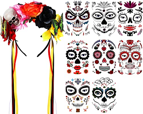 Мексиканска Цвете на Короната и Набор от Татуировки Ден на мъртвите, Превръзка на главата Ден на мъртвите, Шапка с череп и пеперуди, Цветни Въже, 8 Листа, Временни Татуировки с Цветя на Черепа, на Лицето за Жени, на